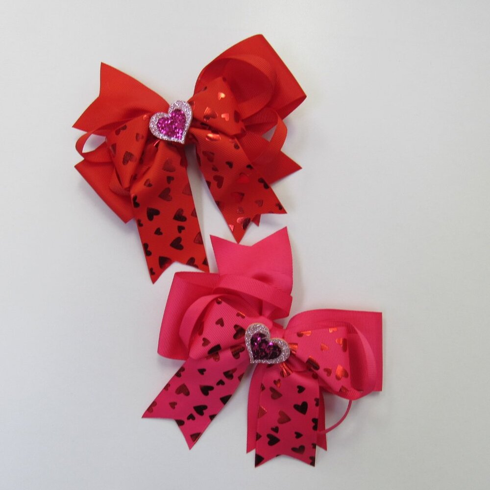 Set Of 2 Back To School Heart Print Hair Bows 1 Pink and 1 Red